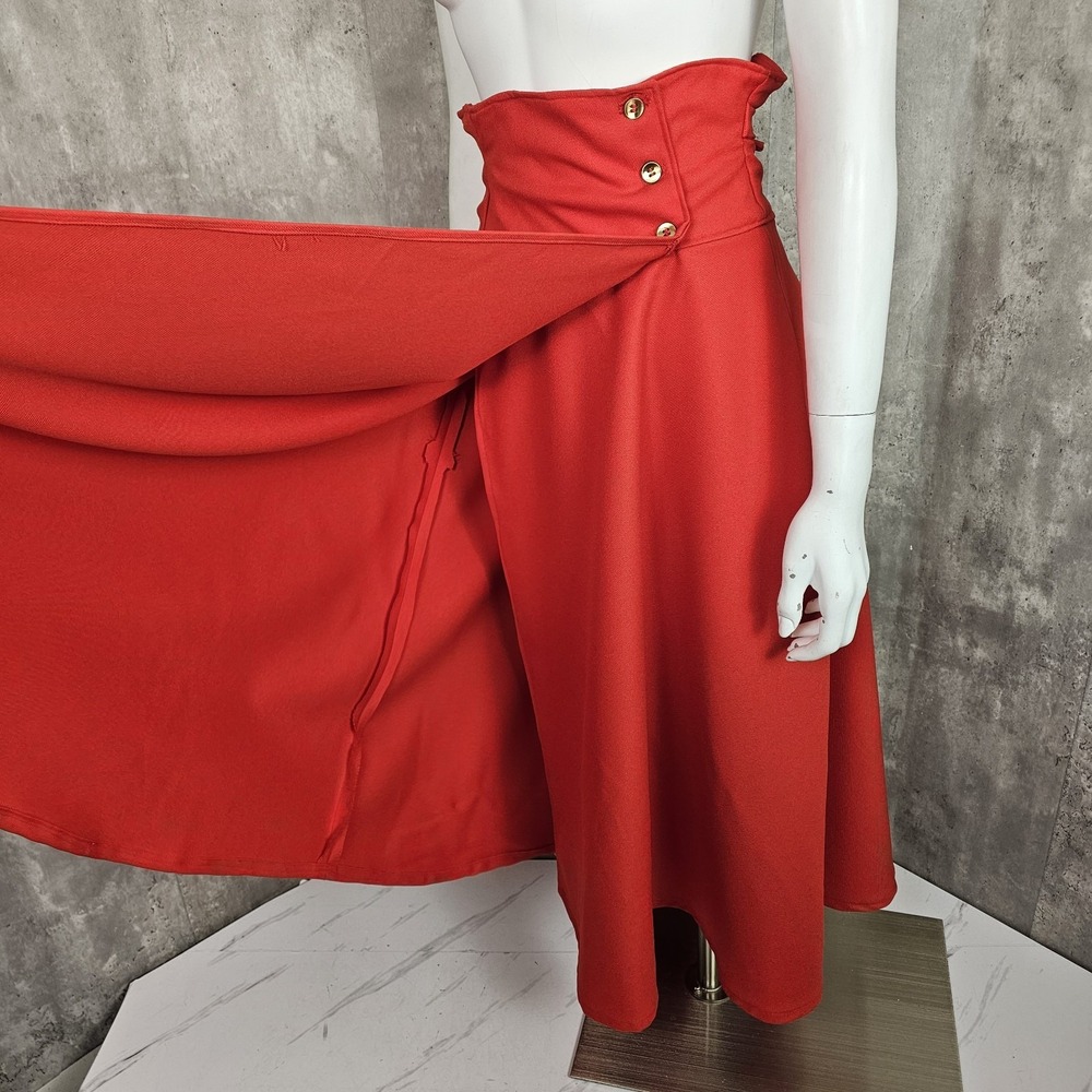 Vintage Handmade Size S Red Knit Polyester Hi Waisted Wrap Midi Skirt Tie Back - Picture 7 of 7